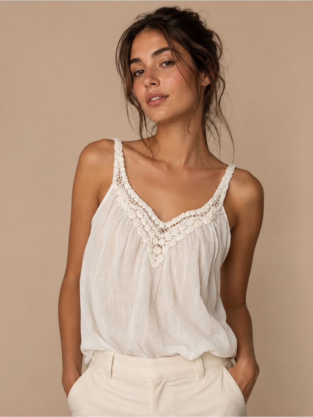 Chaps Cream Crochet-Trim V-Neck Camisole